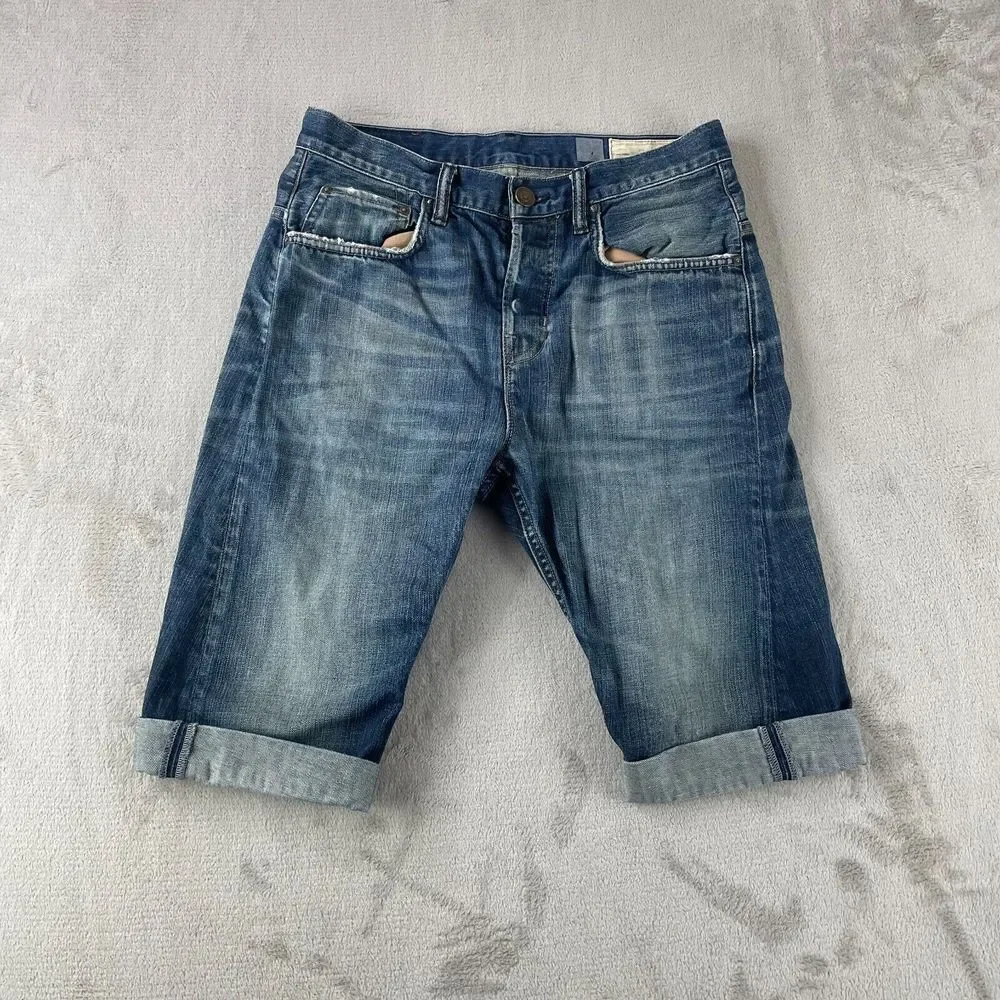 AllSaints Jean Falcon Shorts Men 30 Blue Washed Denim Designer Button Fly‎